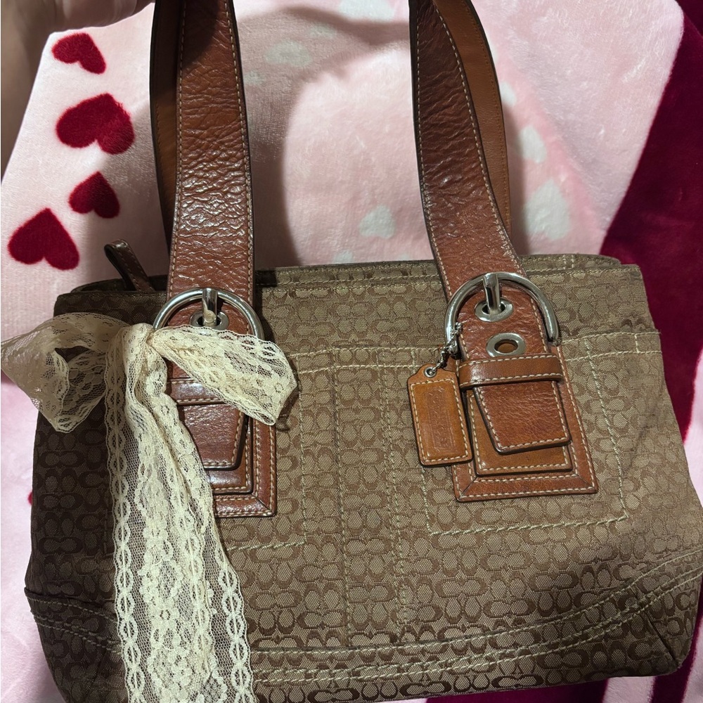 Coach Brown Signature Shoulder Bag with Lace Accent